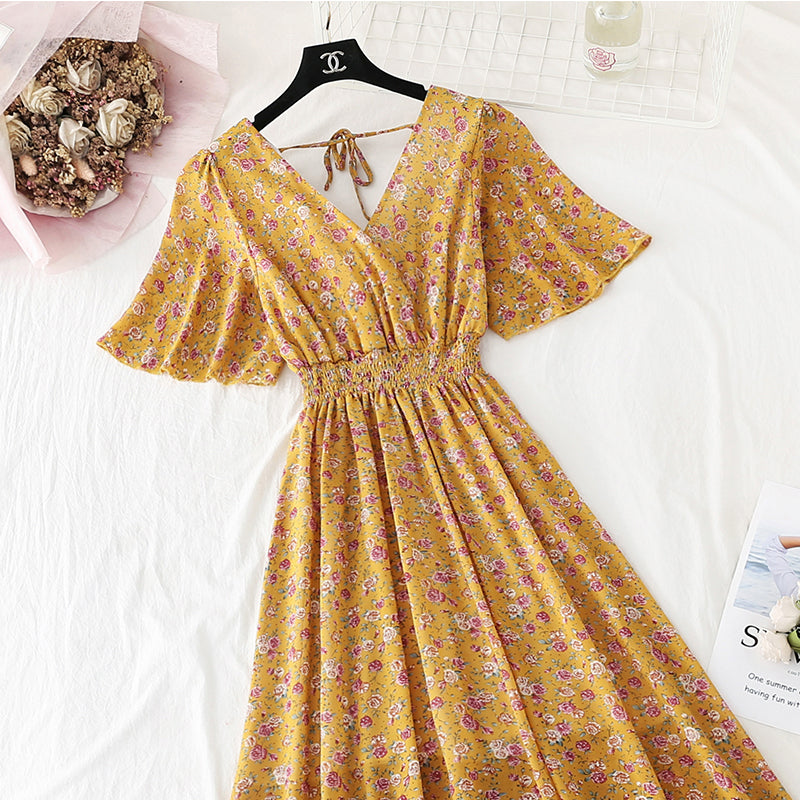 Retro V-Neck Chiffon Long Dress