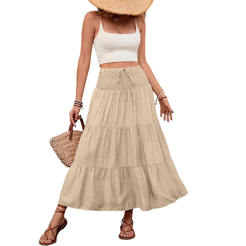 Elastic Waist Drawstring Midi Skirt for Women