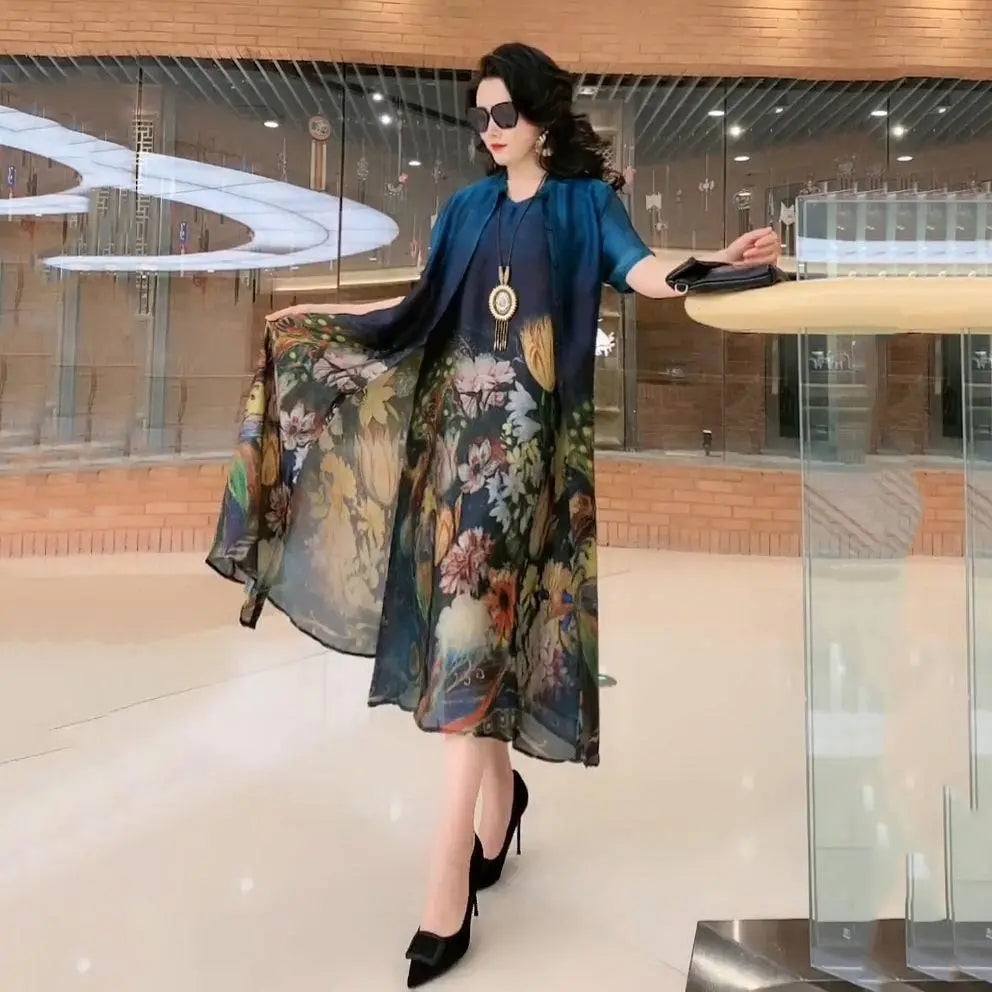 Floral Silk Stand Collar Commuter Suit