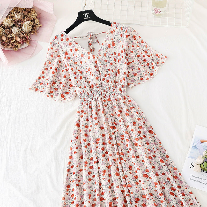 Retro V-Neck Chiffon Long Dress