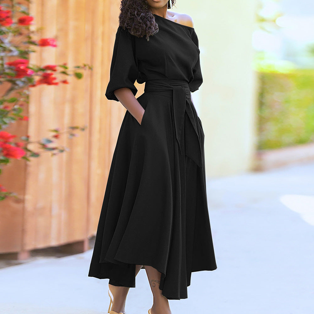 Oblique Shoulder High Waist Long Dress
