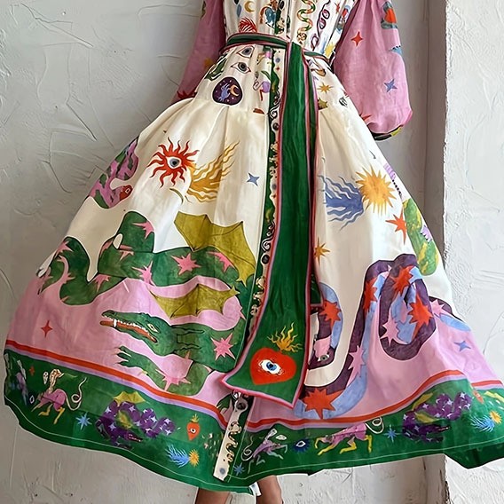 Women’s A-Line Printed Long Sleeve Dress