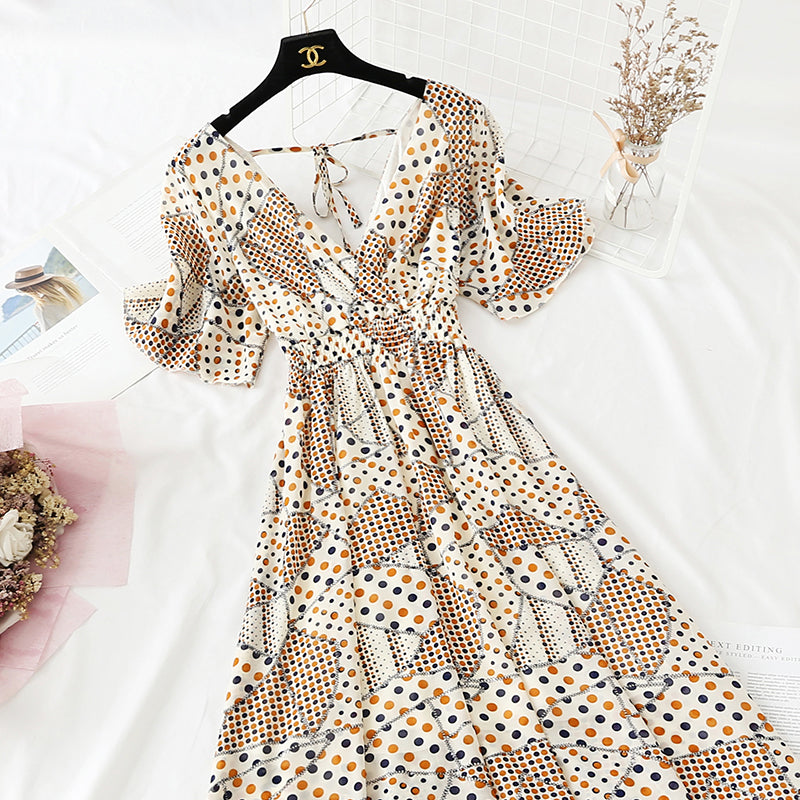 Retro V-Neck Chiffon Long Dress