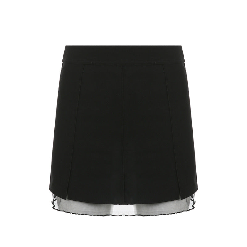 Low Waist Slit Stitching Mesh Gauze Double Elastic Skirt for Women