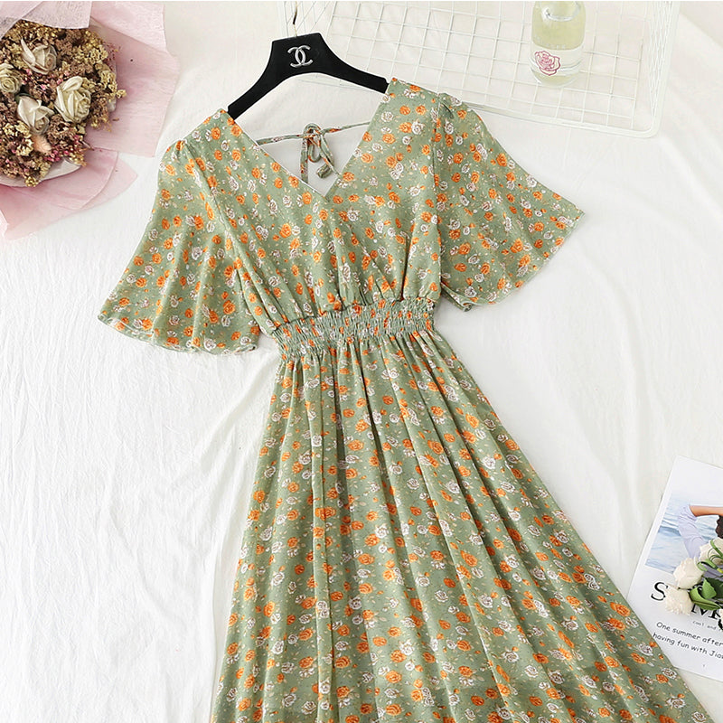 Retro V-Neck Chiffon Long Dress