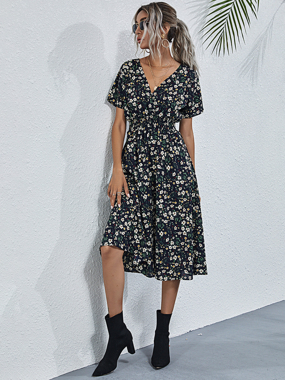 Small Floral Print Satin V-Neck Dress