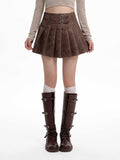 Gray PU Leather High Waist Pleated A-Line Skirt for Women