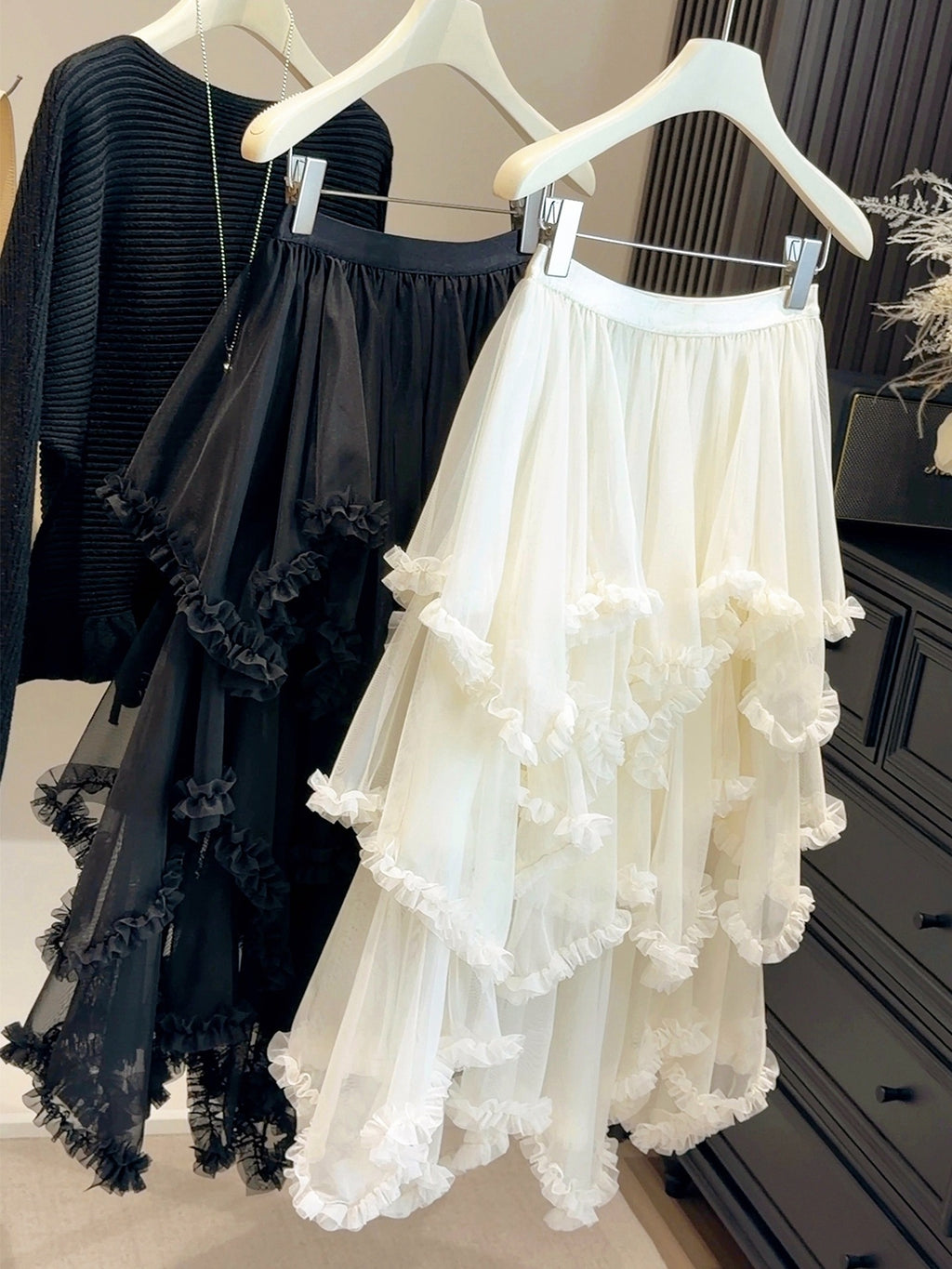 Irregular Ruffle Trim Mesh Midi Skirt