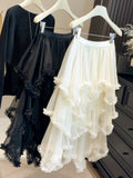 Irregular Ruffle Trim Mesh Midi Skirt
