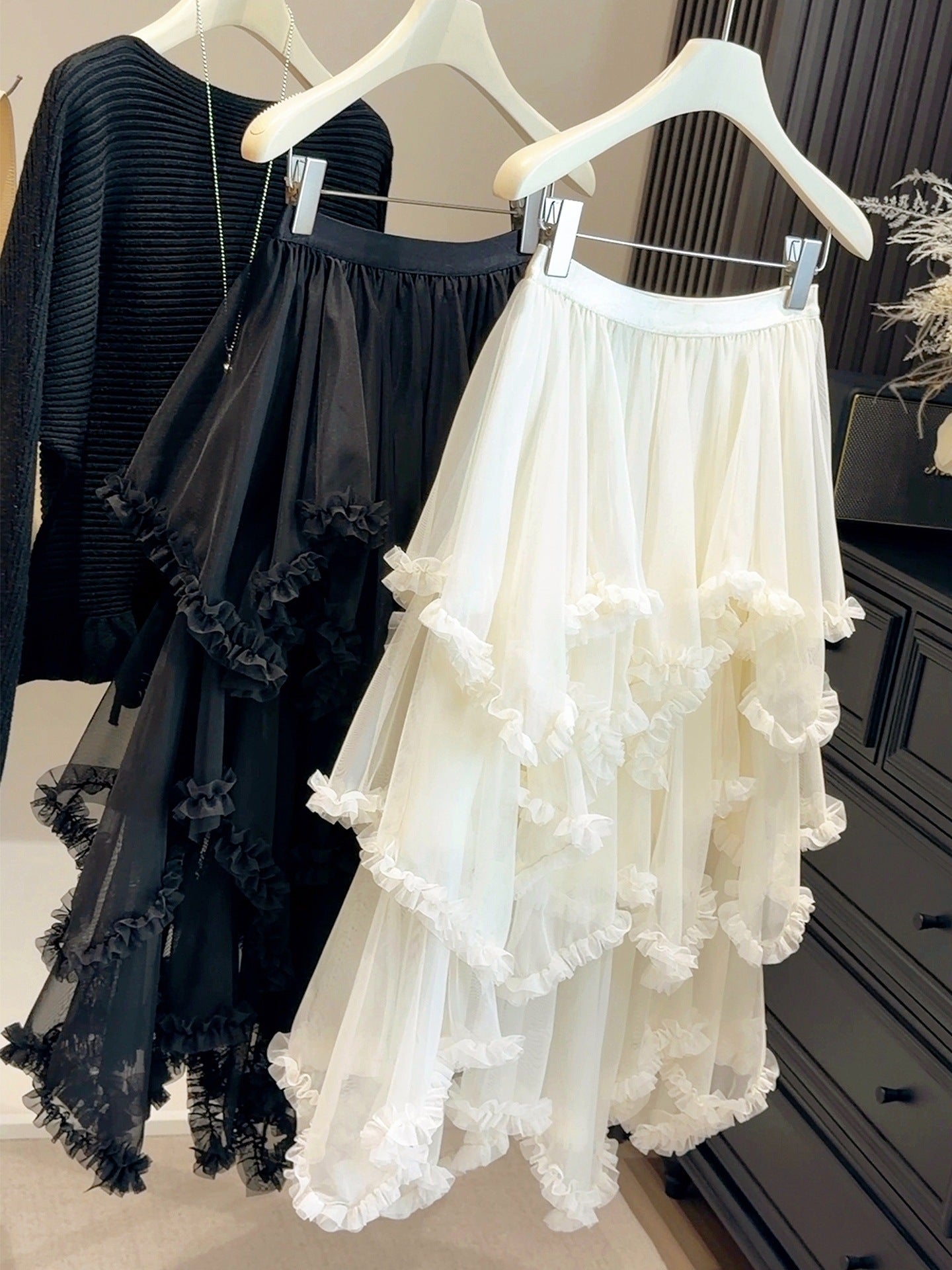 Irregular Ruffle Trim Mesh Midi Skirt