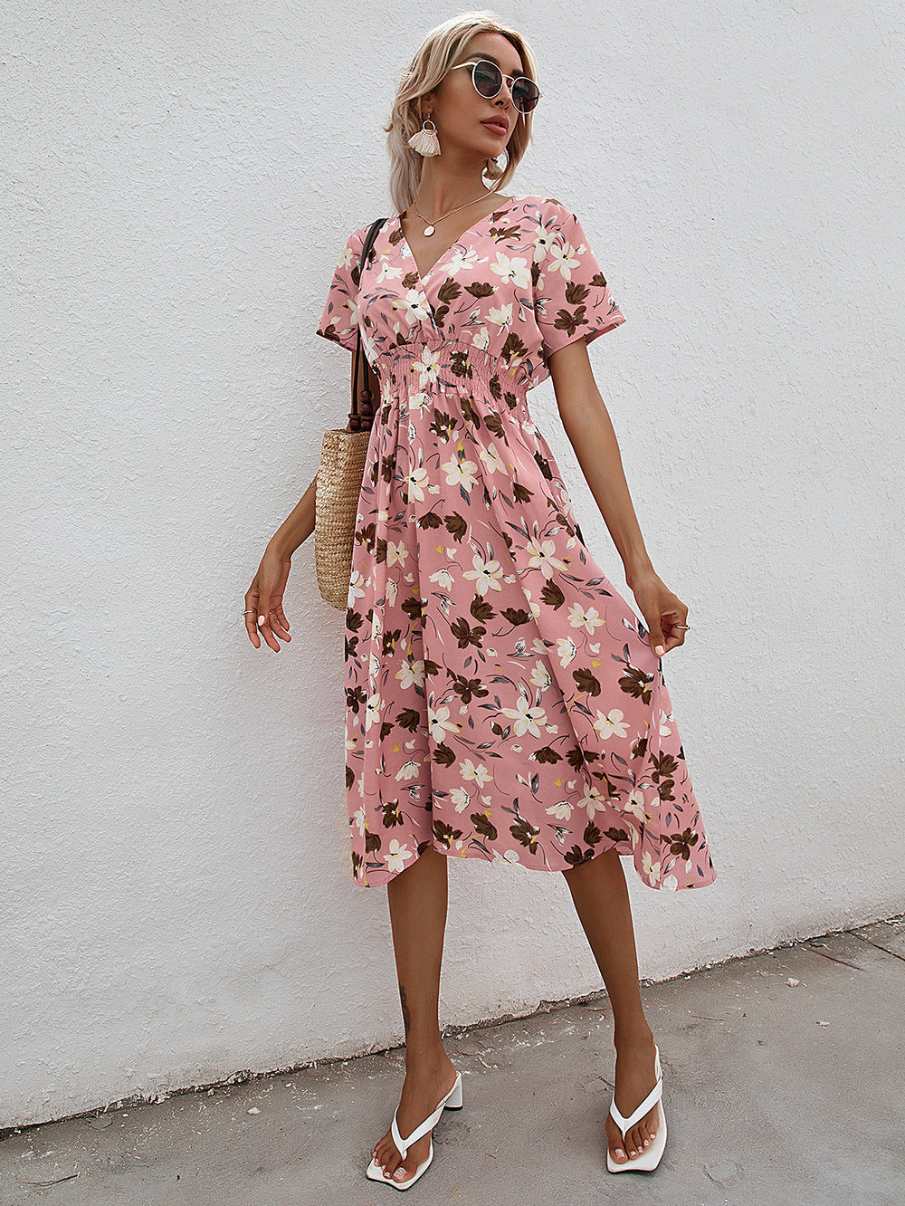Small Floral Print Satin V-Neck Dress
