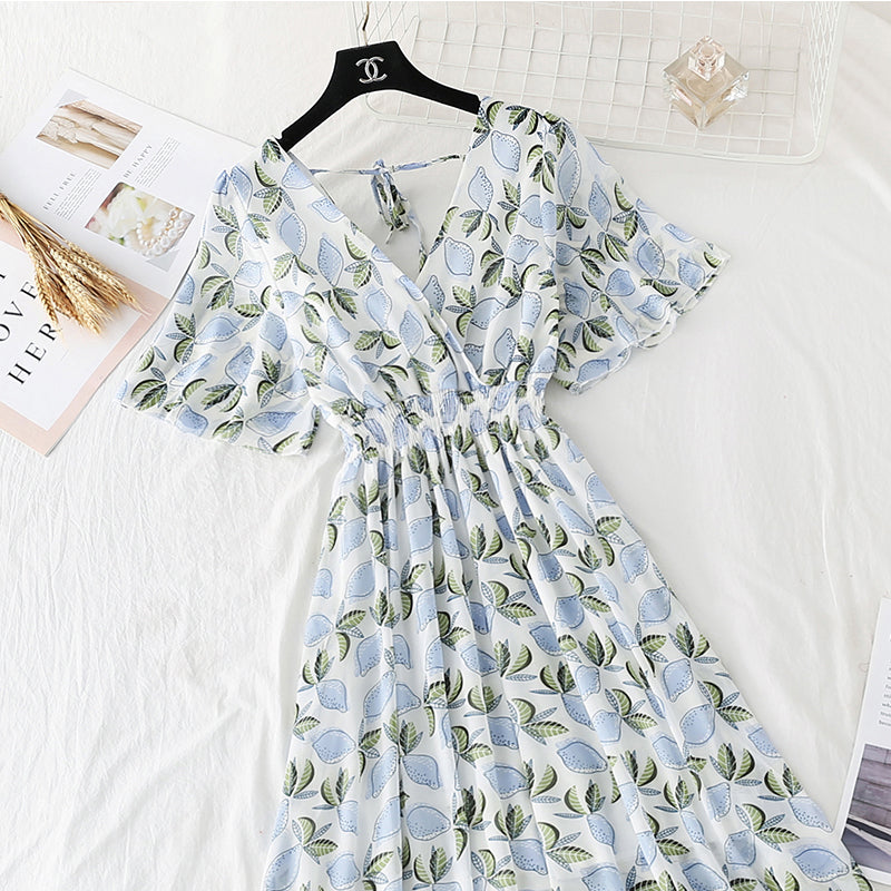 Retro V-Neck Chiffon Long Dress