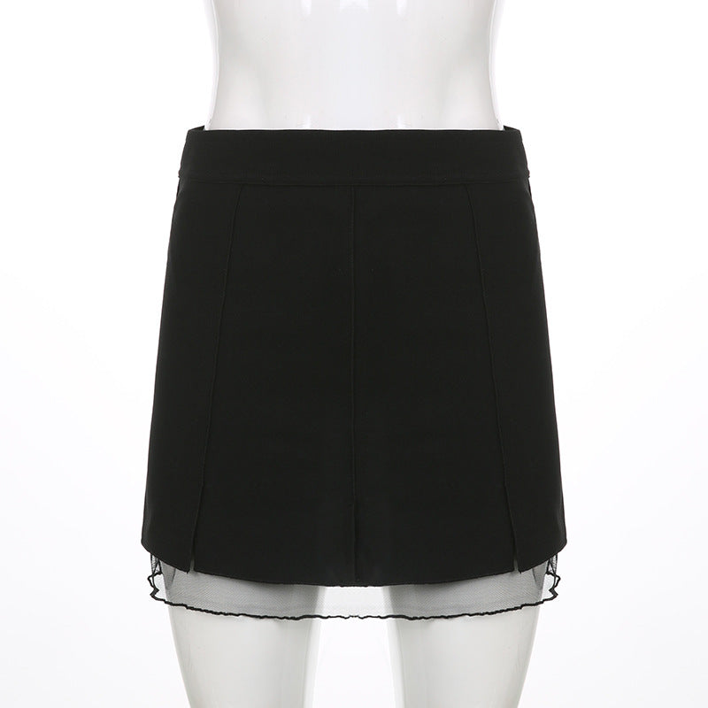Low Waist Slit Stitching Mesh Gauze Double Elastic Skirt for Women