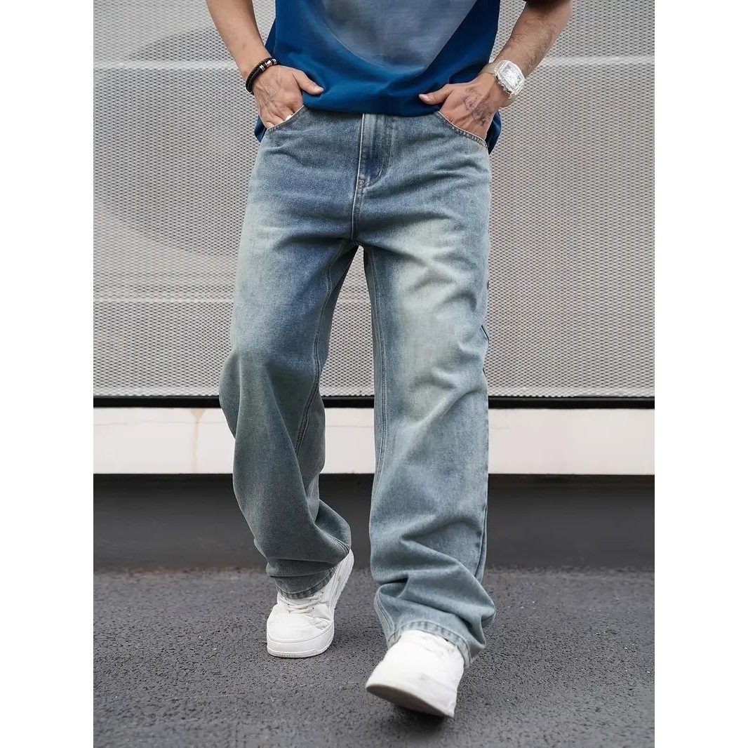 Men’s Casual Straight Wash Jeans Light Blue Loose Fit