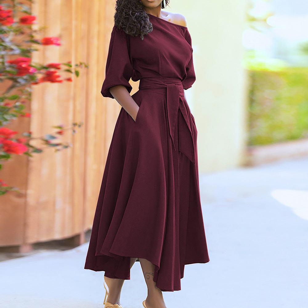 Oblique Shoulder High Waist Long Dress