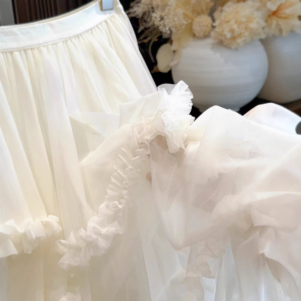 Irregular Ruffle Trim Mesh Midi Skirt