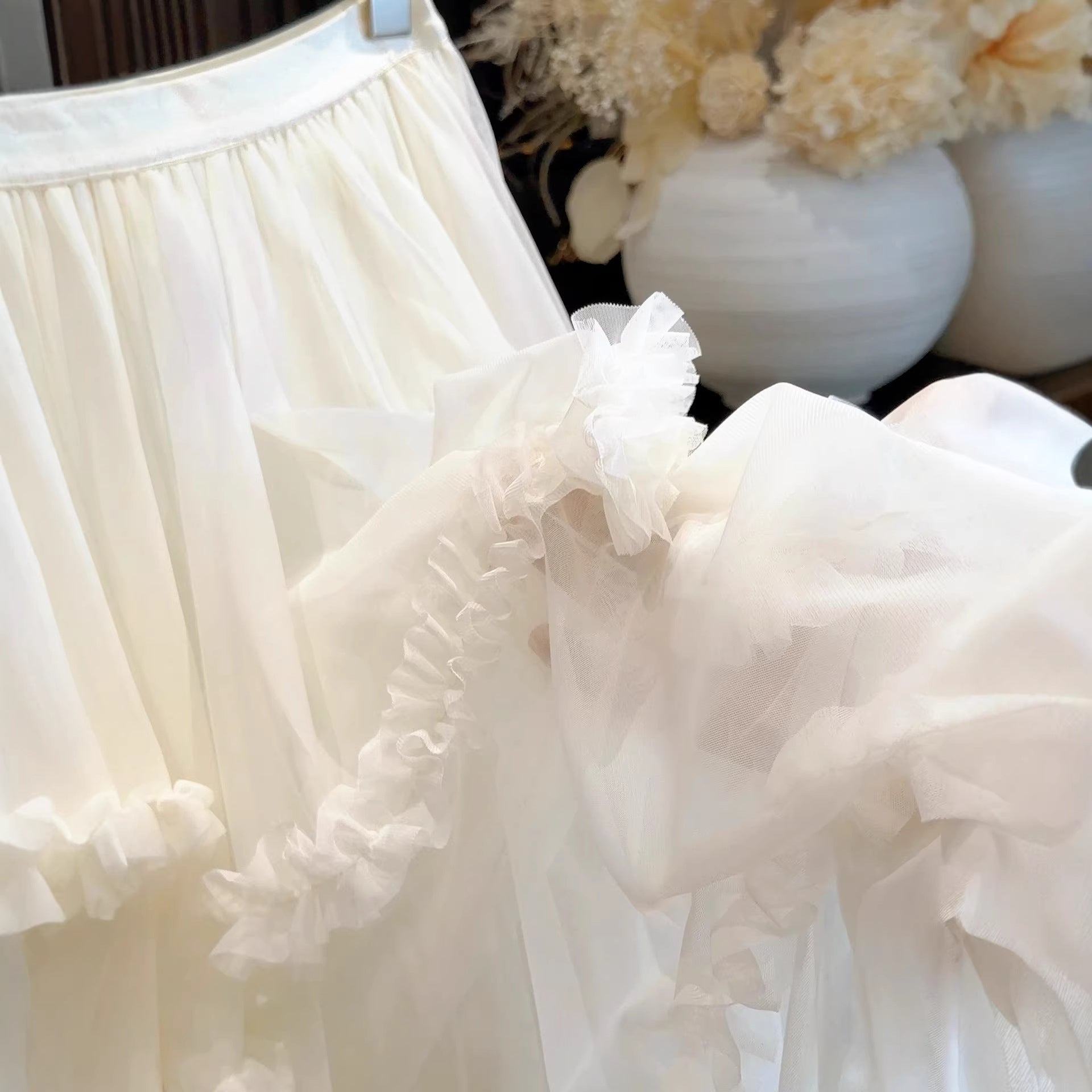 Irregular Ruffle Trim Mesh Midi Skirt