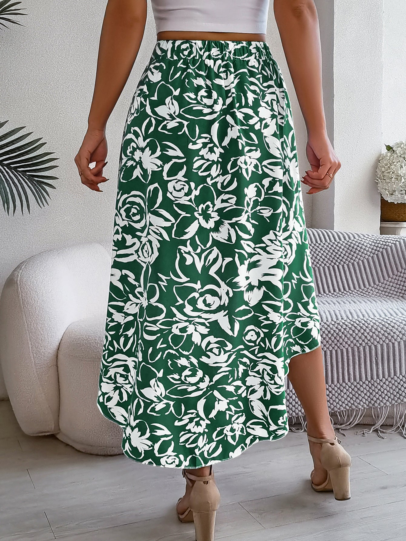 Floral Asymmetric Midi Skirt Women