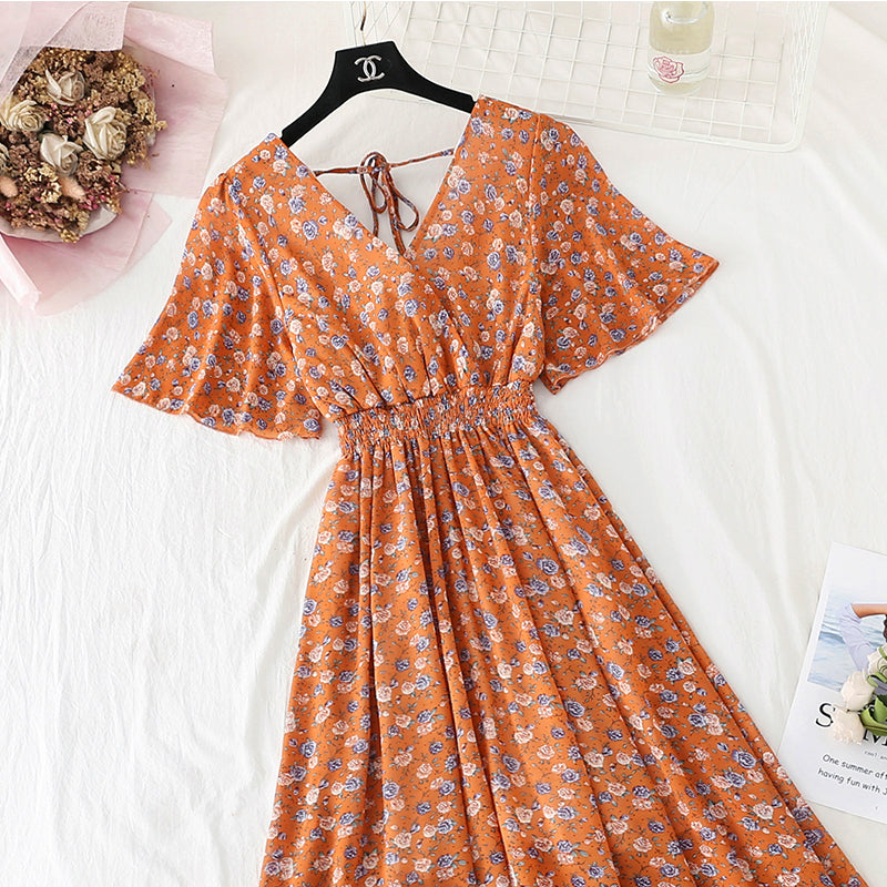 Retro V-Neck Chiffon Long Dress