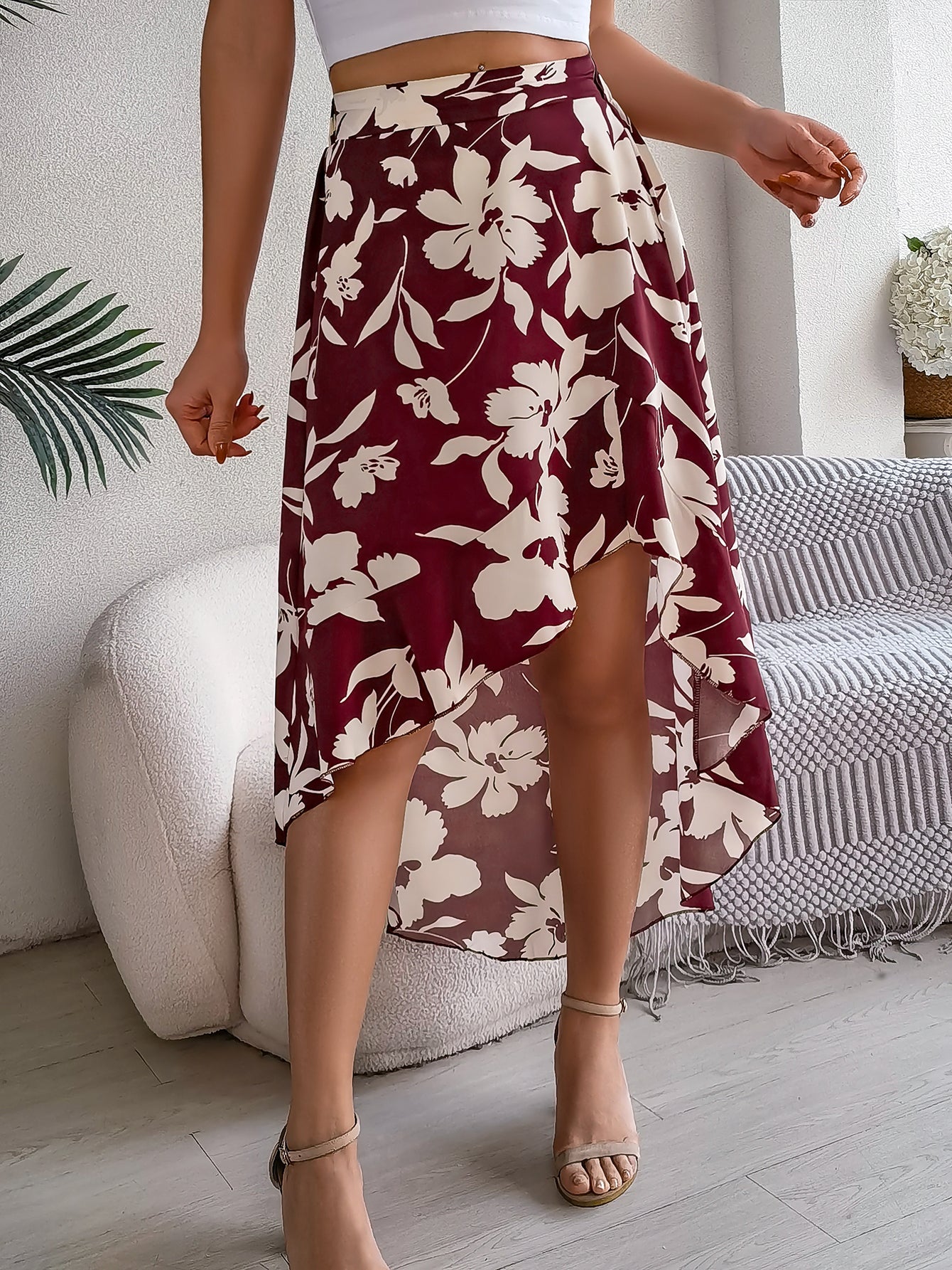 Elegant Floral Asymmetric Midi Skirt