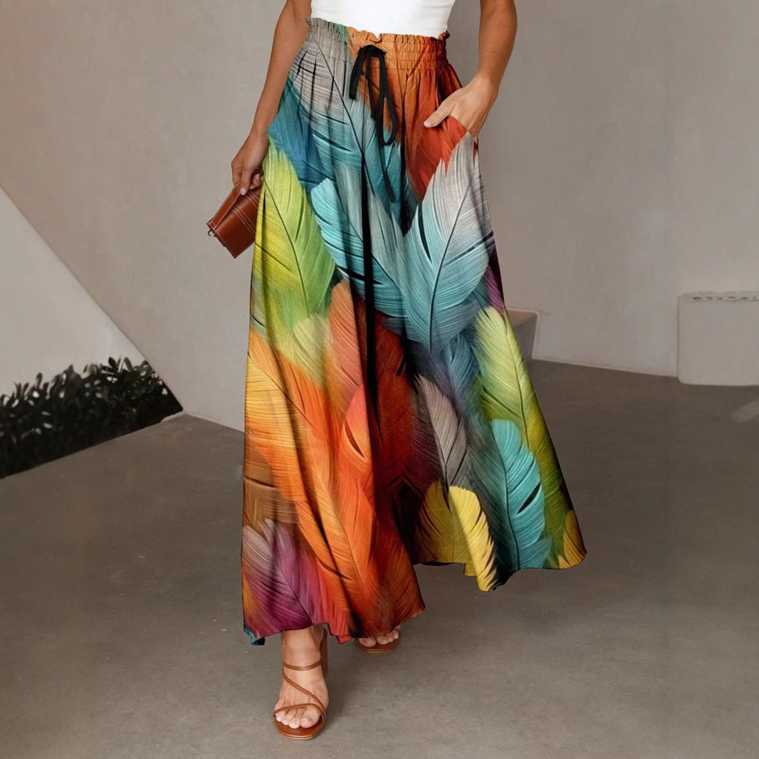 Women's Bohemian Floral A-Line Maxi Skirt High Waist Summer Beach Long Skirt
