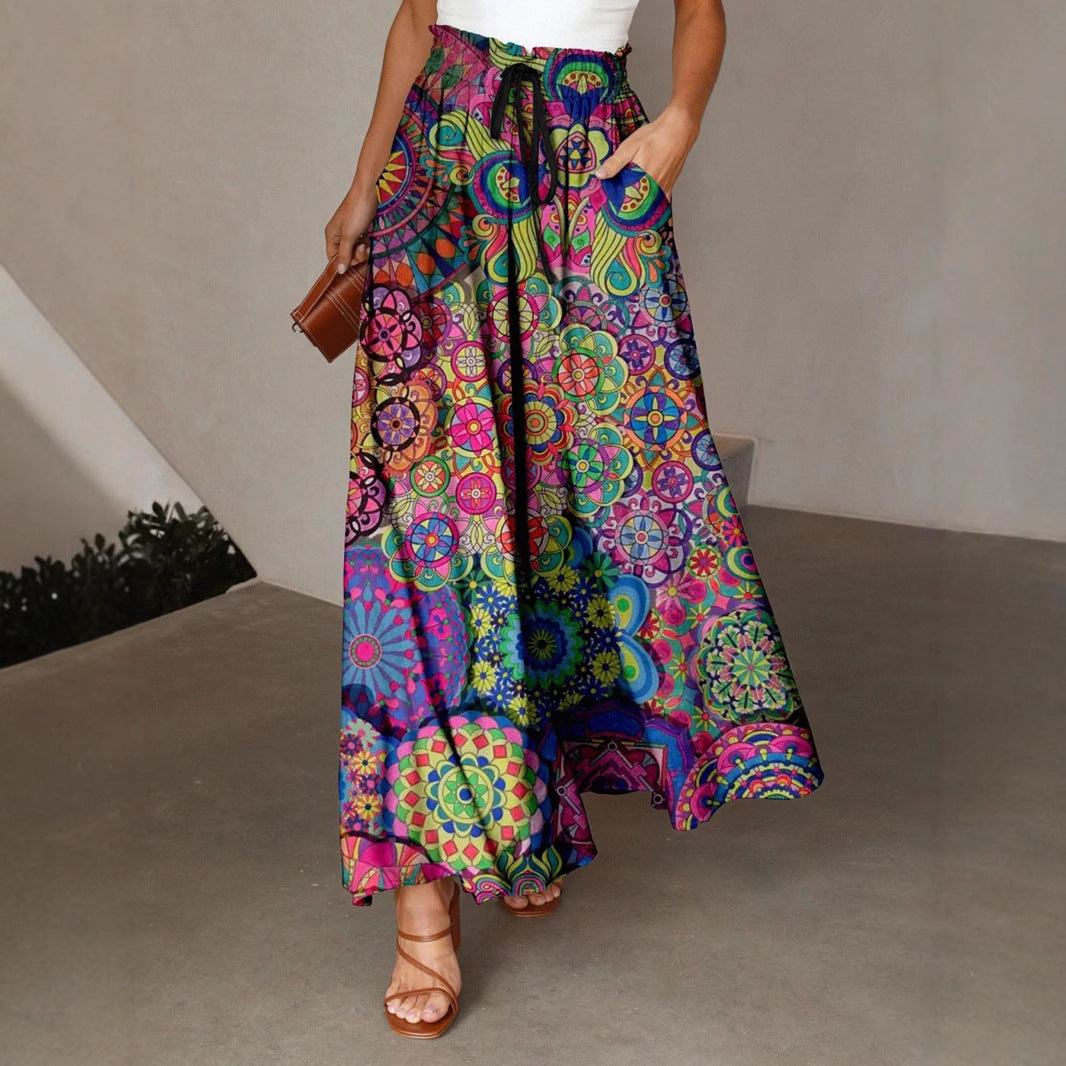 Women's Bohemian Floral A-Line Maxi Skirt High Waist Summer Beach Long Skirt