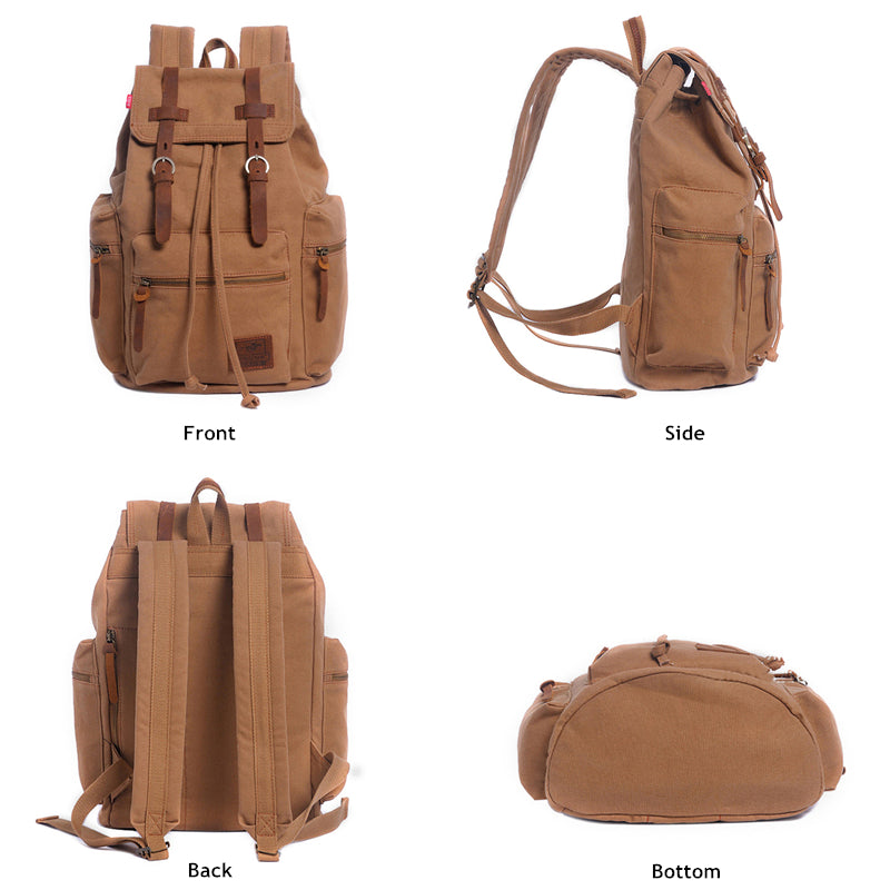 Brown backpack shown from front, side, back, and bottom angles