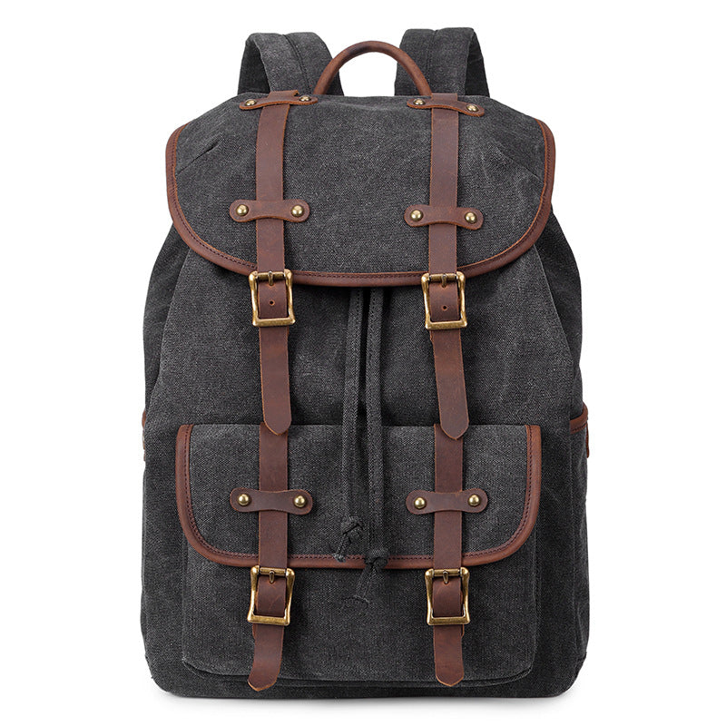 Gray backpack with brown straps and accents