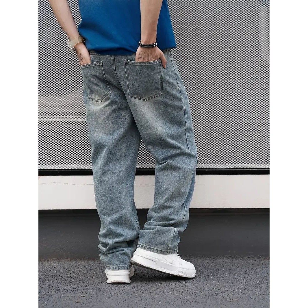 Men’s Casual Straight Wash Jeans Light Blue Loose Fit