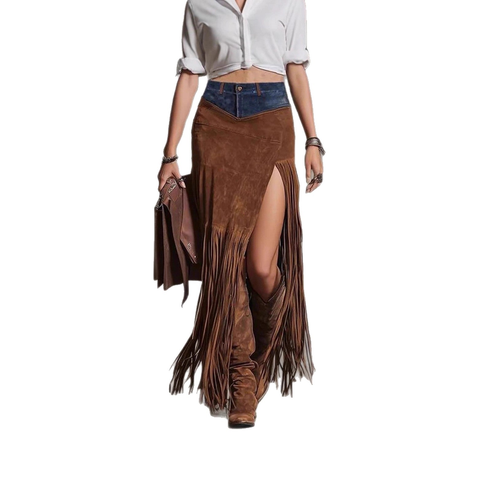 Person wearing a brown suede skirt with fringe and high slit, holding a brown leather jacket on a white background.