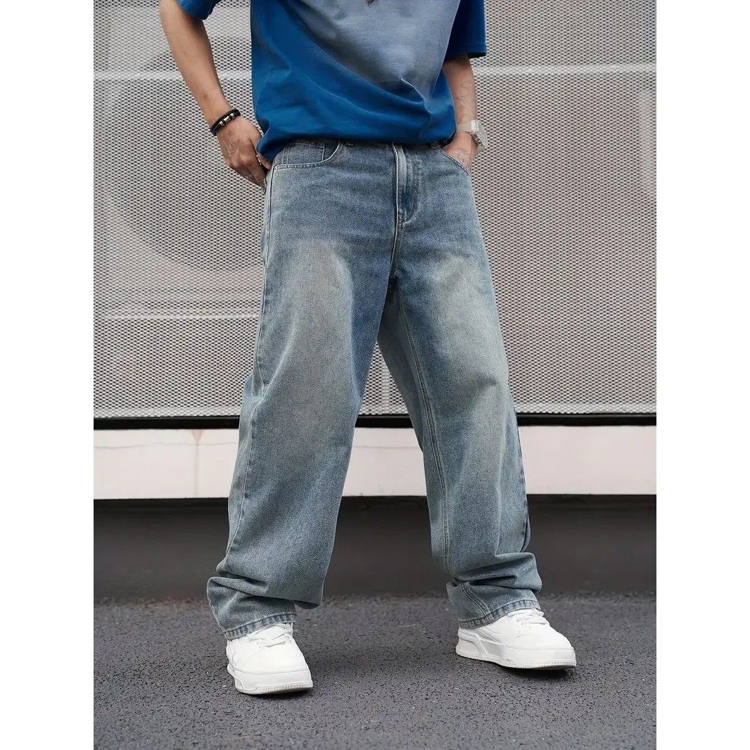 Men’s Casual Straight Wash Jeans Light Blue Loose Fit