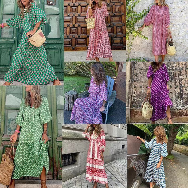 Plus Size Geometric Puff Sleeve Midi Dress