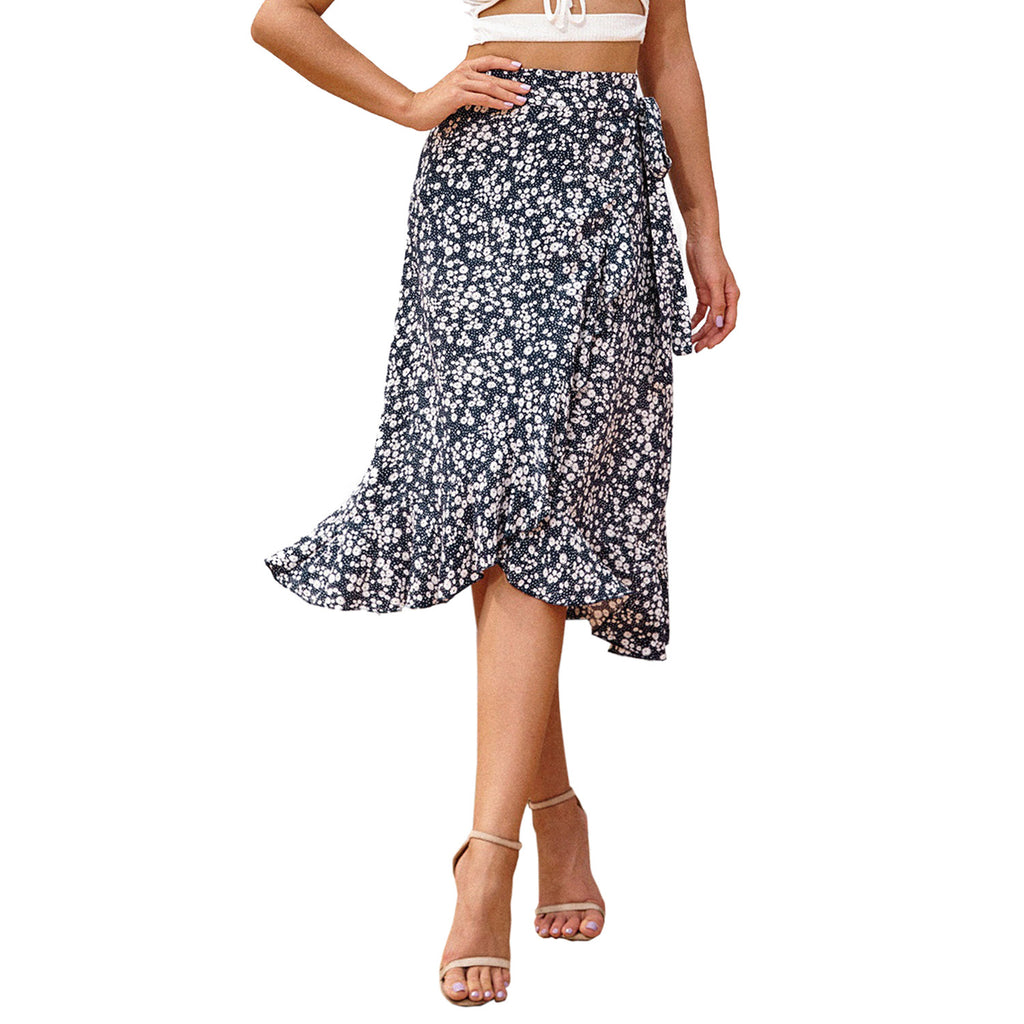 Retro Holiday Irregular Floral Wave Side Lace-Up Long Skirt