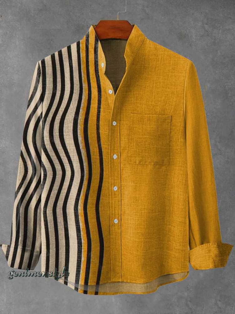 Mens Stand Up Collar Long Sleeve Shirt With Irregular Striped 3D Print