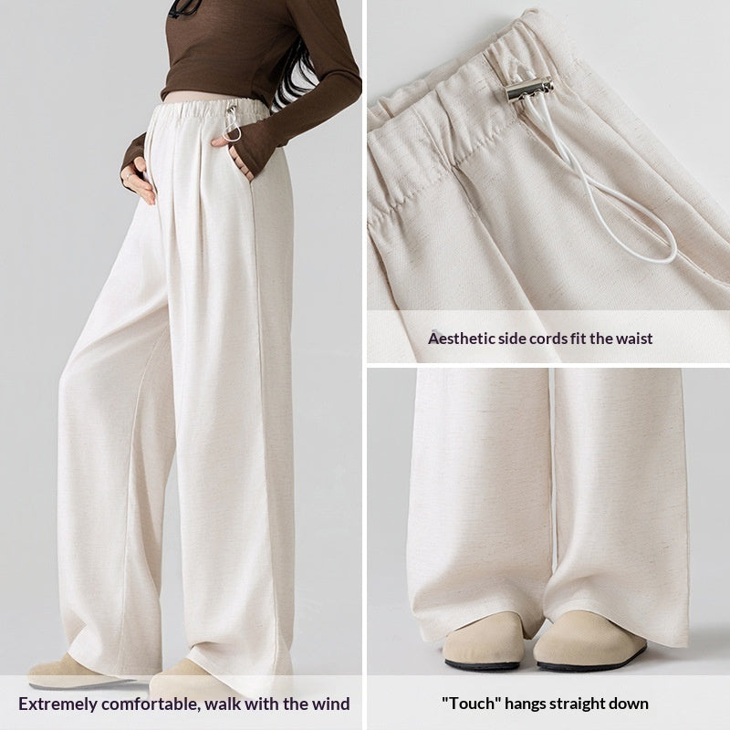 Collage of beige wide-leg pants with close-up details on a gray background
