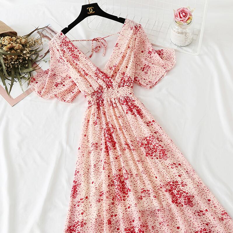 Retro V-Neck Chiffon Long Dress