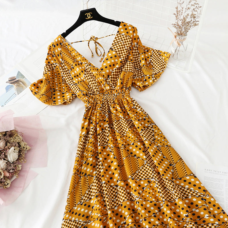 Retro V-Neck Chiffon Long Dress