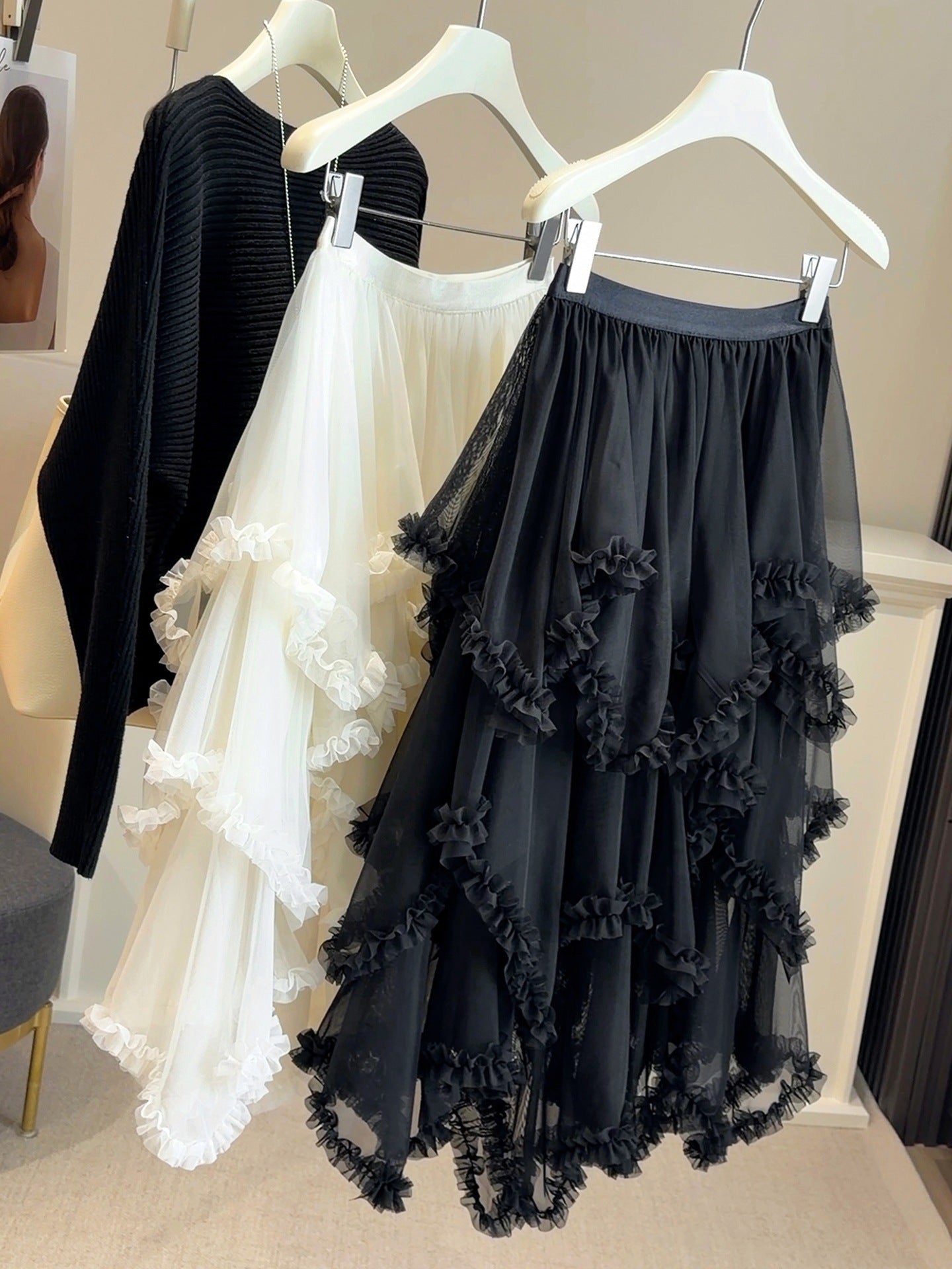 Irregular Ruffle Trim Mesh Midi Skirt