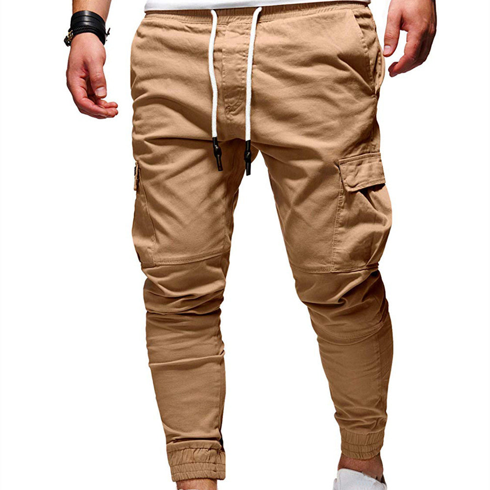 Beige cargo jogger pants on a white background