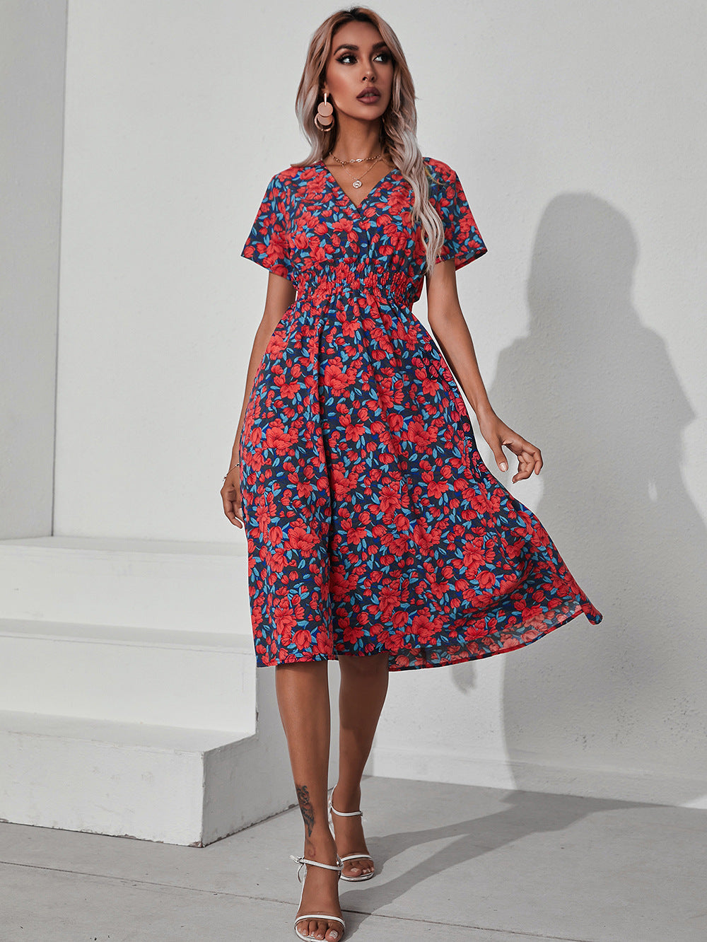 Small Floral Print Satin V-Neck Dress