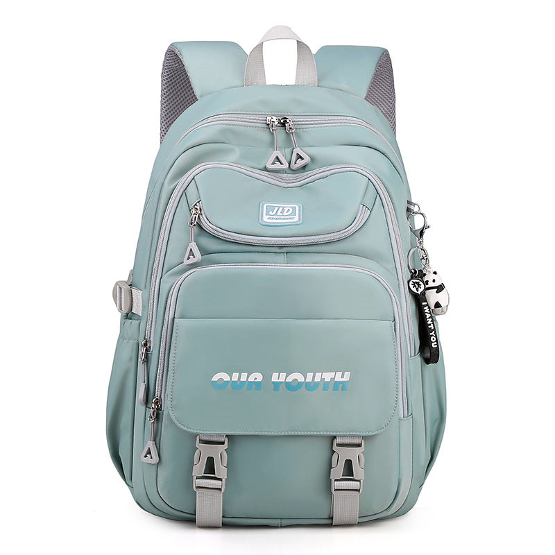 Light blue backpack with 'Our Youth' branding on a white background