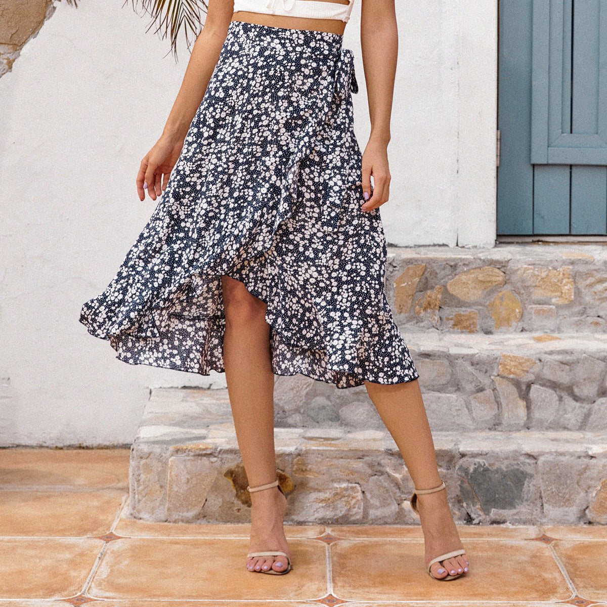 Retro Holiday Irregular Floral Wave Side Lace-Up Long Skirt