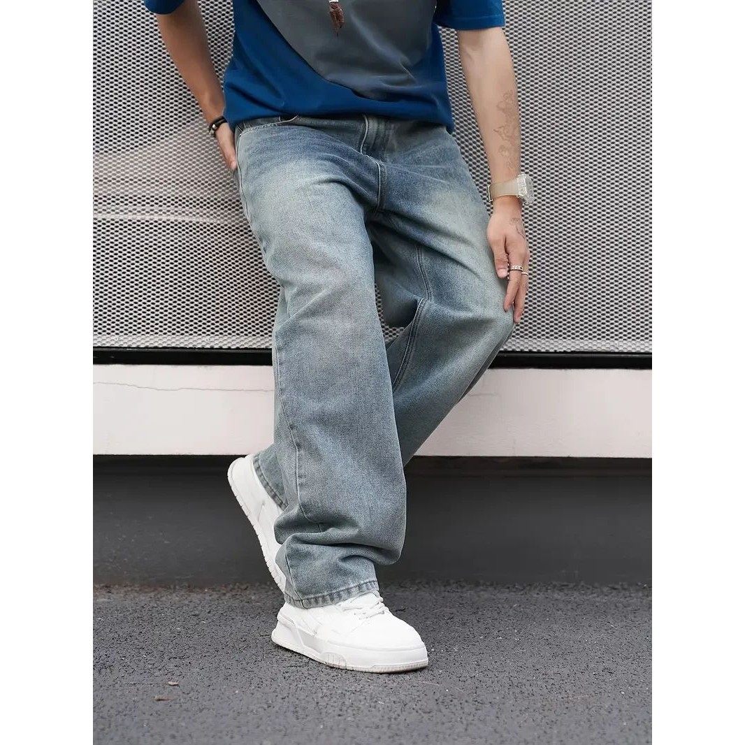 Men’s Casual Straight Wash Jeans Light Blue Loose Fit
