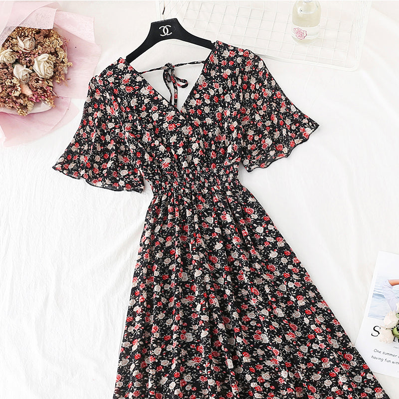 Retro V-Neck Chiffon Long Dress