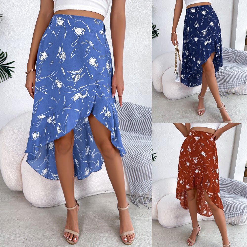 Woman wearing a blue floral skirt with close-up shots of the skirt in different colors.