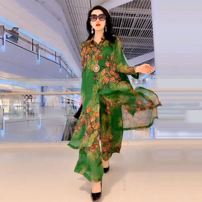 Floral Silk Stand Collar Commuter Suit