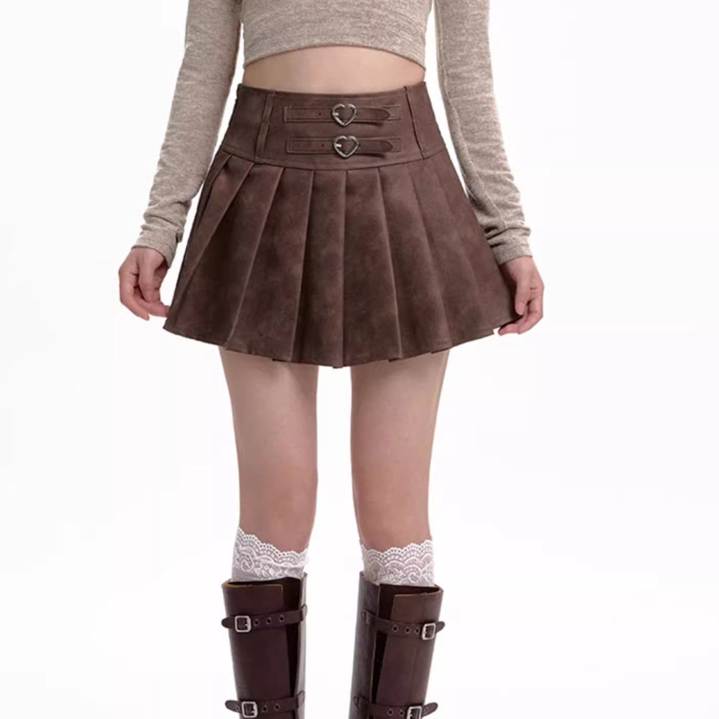 Gray PU Leather High Waist Pleated A-Line Skirt for Women