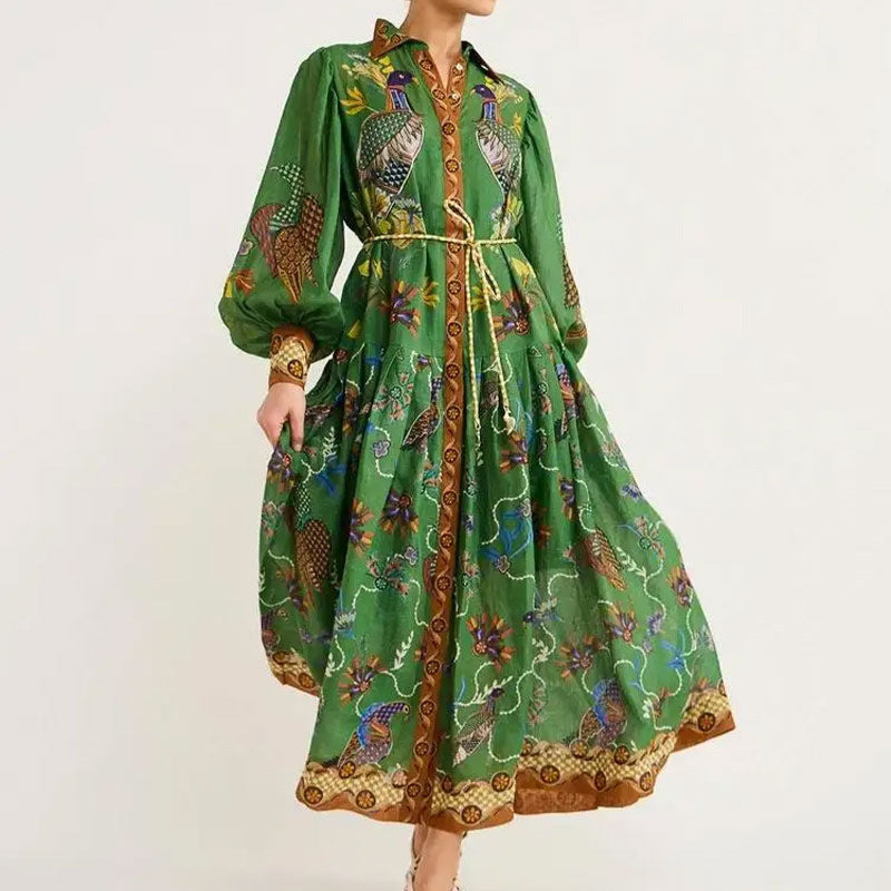 Green dress with intricate patterns on a white background