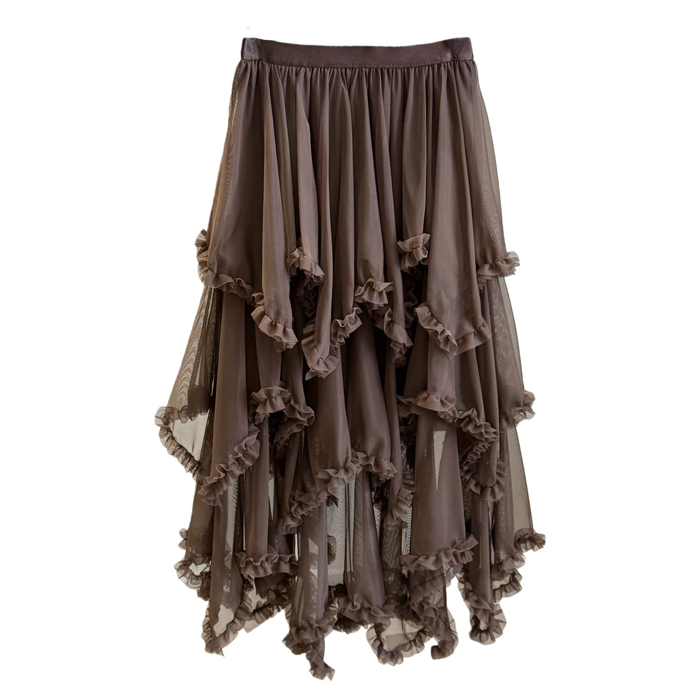 Irregular Ruffle Trim Mesh Midi Skirt