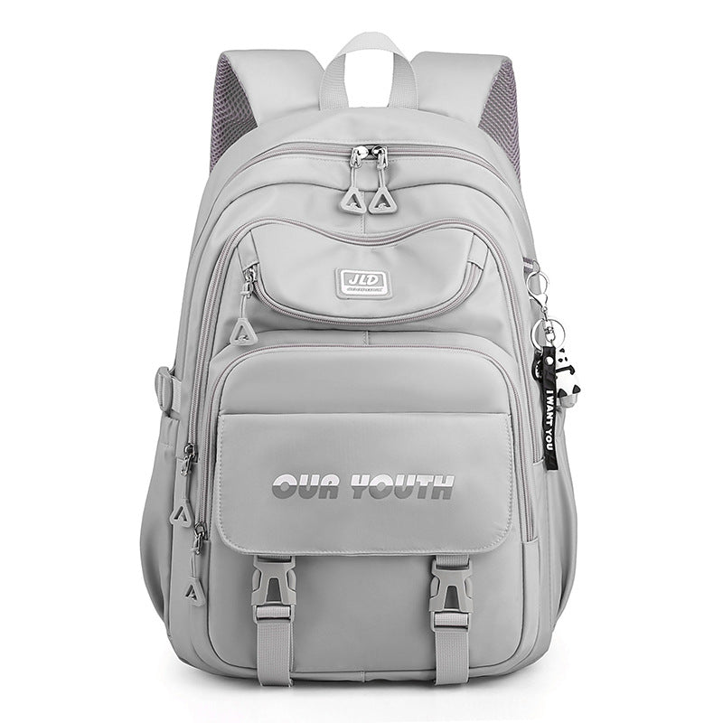 Gray backpack with 'Our Youth' branding